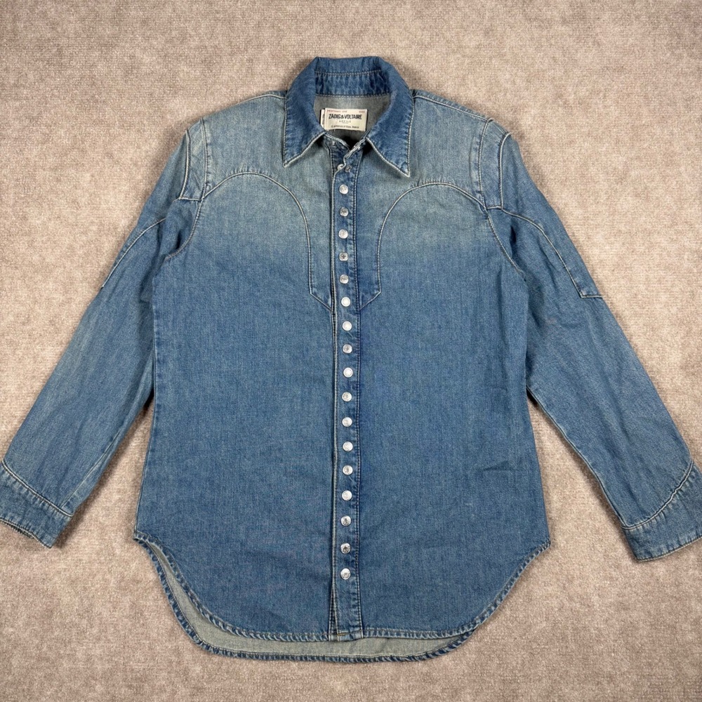 Zadig & Voltaire Thelmus Denim Western Shirt Size Small Wash Blue Cotton Womens